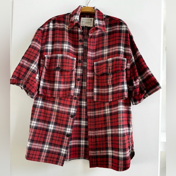 R13 JAPANESE FLANNEL DROP SHOULDER SHORT SLEEVE PLAID  SHIRT TOP FLANNEL UNISEX - Picture 1 of 12